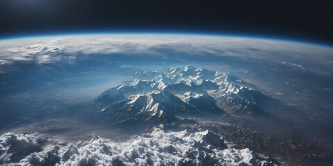 Realistic Earth From Space Close Up Atmosphere Himalayas Alps and Andes Snowy Mountain Ranges - obrazy, fototapety, plakaty