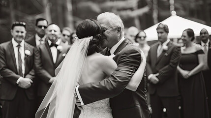 A bride and groom share a hug in front of a group of people during a special moment at their wedding ceremony