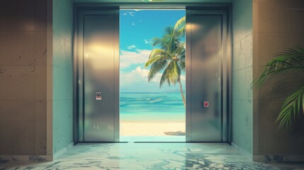 Elevator doors open in an office to unveil a relaxing beach scene, blending work with vacation vibes