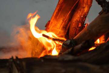 A campfire with closeup of a flame