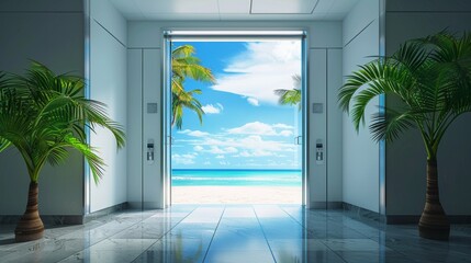 Elevator doors open in an office to unveil a relaxing beach scene, blending work with vacation vibes