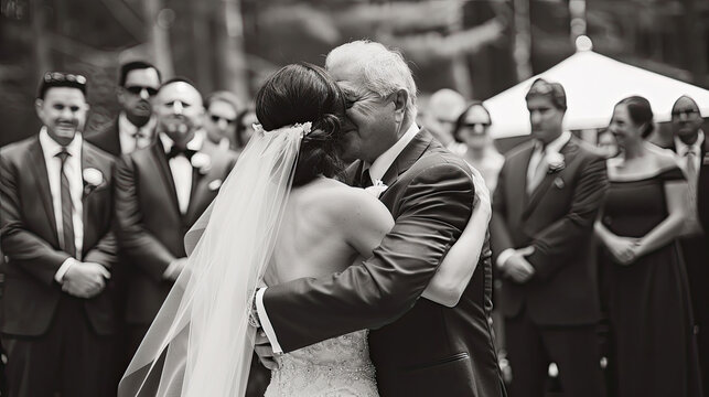 A bride and groom share a hug in front of a group of people during a special moment at their wedding ceremony