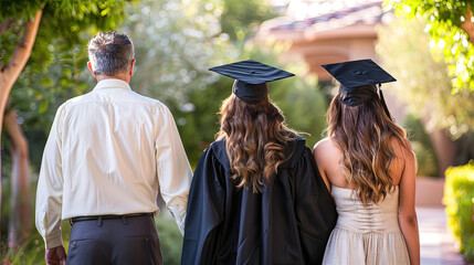 A parent accompanies two graduates dressed in caps and gowns, signifying a shared moment of achievement and celebration after academic completion