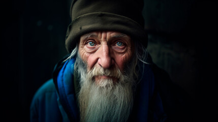 Man with beard and hat gazes into camera in darkness