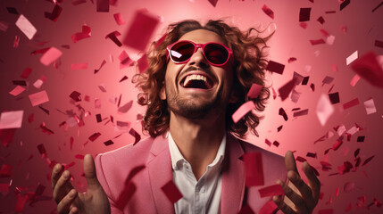 Portrait of a laughing man surrounded by a red confetti paper hearts against a pink background.