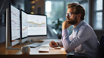 Obraz premium A man in a casual outfit works on a laptop in his office