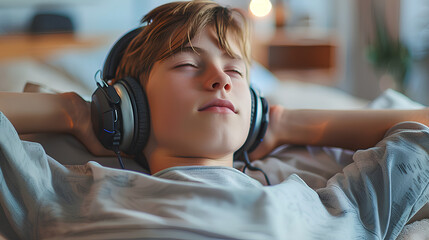 Teenager boy relaxing while lying in bed in headphones and listening to the music. Lost in melodies, he escapes to a world of rhythm