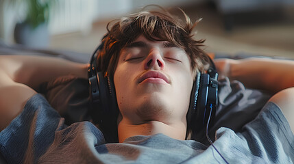 Teenager boy relaxing while lying in bed in headphones and listening to the music. Lost in melodies, he escapes to a world of rhythm