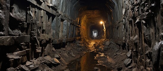 A collapsing railroad tunnel at Sand Patch Pennsylvania shows a dark interior lined with granite...