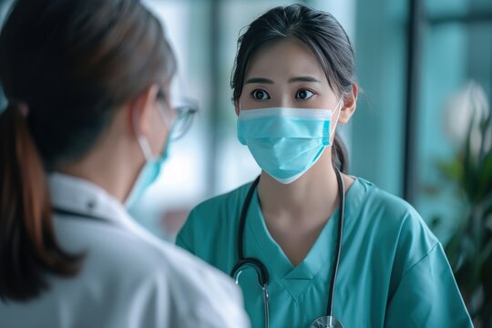 Two Women Wearing Masks And Scrubs Are Talking To Each Other. One Of Them Is A Doctor. Concept Of International Day Of Midwives International Nurses Day