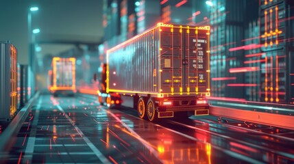 Logistics digital twins concept visualized with a container truck and technological elements - obrazy, fototapety, plakaty
