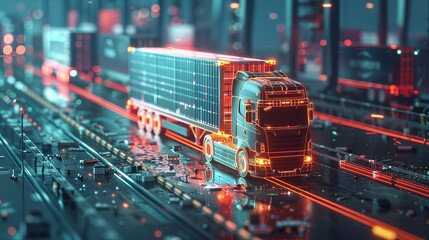 Logistics digital twins concept visualized with a container truck and technological elements - obrazy, fototapety, plakaty