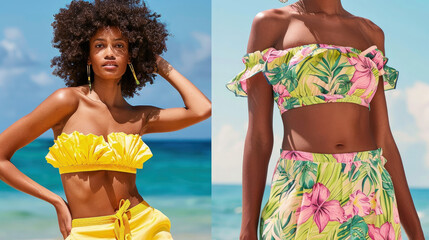 A model showcases a yellow ruffled bikini top while another image highlights a high-waisted floral skirt against a clear sky backdrop - obrazy, fototapety, plakaty