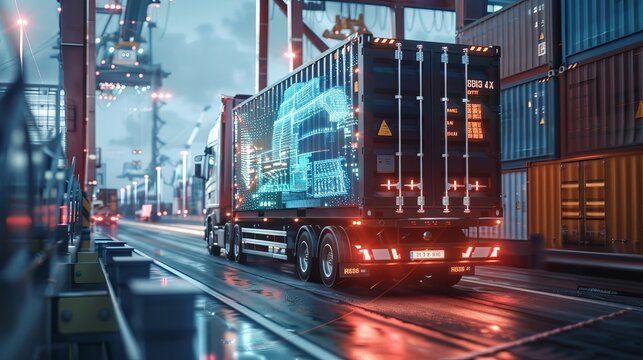 Logistics digital twins concept visualized with a container truck and technological elements