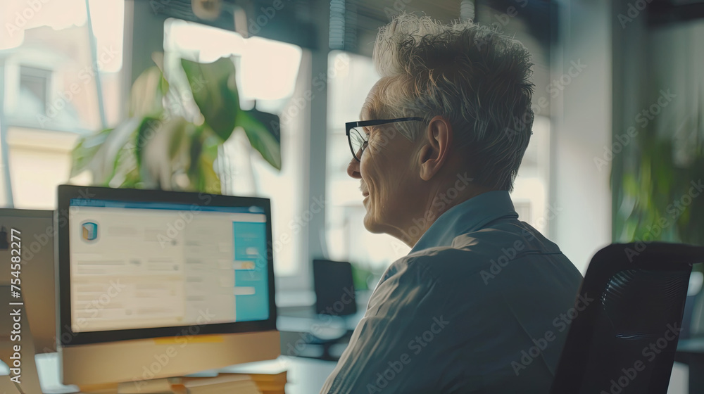 Poster senior man is seated in front of a computer monitor, focused on the screen as he works or browses th