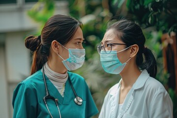 Two women wearing masks. Scene is serious and professional. Concept of International Day of Midwives International Nurses Day