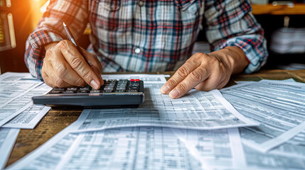 A man is seated at a desk, focused on using a calculator for calculations - obrazy, fototapety, plakaty