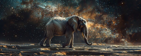 Elephant Standing Against Cosmic Nebula Background