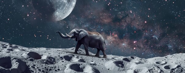 Elephant Standing on Top of Moon Covered Hill