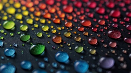 Colorful Water Droplets Close Up on Black Surface