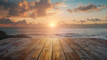 Fototapeta na wymiar Wooden Deck Overlooking the Ocean at Sunset