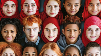 A group of individuals with red hair wearing headscarves, standing together in a crowd