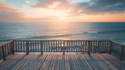 Obraz premium Wooden Deck Overlooking the Ocean at Sunset