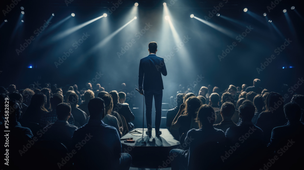 Poster man in a suit speaking into a microphone in front of an audience in a dark auditorium.