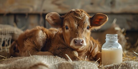 Comforting Nurturing Scene Calf Bottl. Concept I'm sorry, could you please provide more context or clarification for the topic you're looking for? - obrazy, fototapety, plakaty