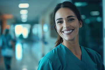 A woman in a blue scrubs is smiling and posing for a picture. She is wearing a blue shirt. Concept of International Day of Midwives International Nurses Day - Powered by Adobe