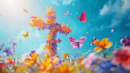 Vibrant floral cross composed of vivid blossoms and butterflies on a bright blue background. Concept of Easter, greetings, postcard, resurrection joy, springtime beauty. Art. With copy space