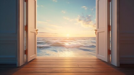 Doorway to a beautiful sea. Concept of calmness, dreams, relaxation, freedom, adventure, journey, new beginnings, the unknown, mystery, exploration, and limitless possibilities.