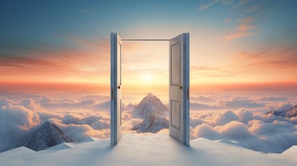 Doors open to a majestic mountain peak above the clouds at sunset. Concept of freedom, travel, adventure, discovery, opportunity, new beginnings, the unknown, mystery, and limitless possibilities.