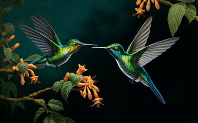 Hummingbirds in flight at the tree branches 