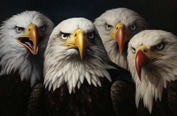Four angry looking eagles looking into the camera lens , black background