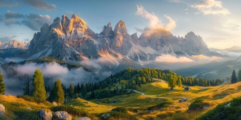 landscape of Dolomites mountains in the morning