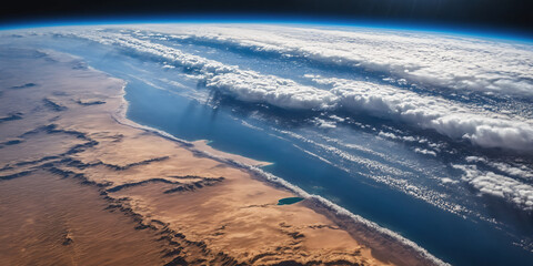 Naklejka premium Realistic Earth From Space Close Up Atmosphere Vast Sahara Desert Clouds and Ocean