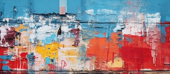 A blue and red wall with colorful paint splatters and drips, creating an abstract and textured background. The wall appears to be part of an urban environment, possibly used for advertising purposes.