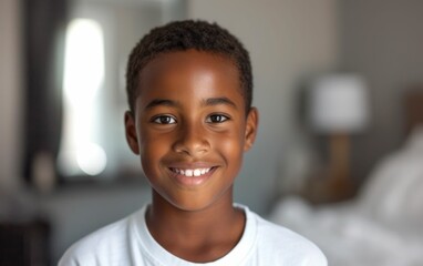 A young boy with a white shirt and short hair is smiling. He is looking at the camera and he is happy