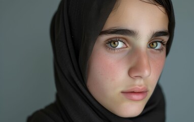 Naklejka premium A woman with a black scarf on her head. She has brown eyes and a pinkish face