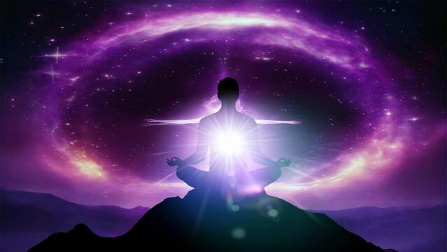 Silhouette of a man meditating on the lotus pose in front of galaxy universe background