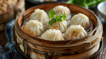 A variety of dumplings such as momo, khinkali, and buuz are steamed in a bamboo steamer on a table,...