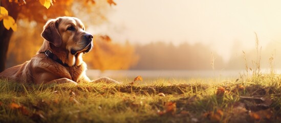 A dog is peacefully laying in the lush green grass near a tree in the backdrop of autumn. The dog...