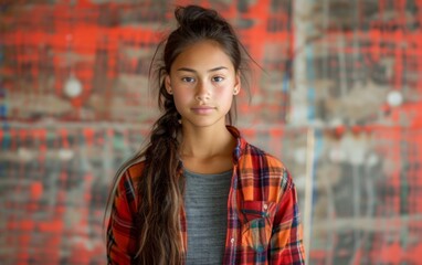 Fototapeta premium A girl with long hair and a plaid shirt is standing in front of a red wall. The girl has a serious expression on her face