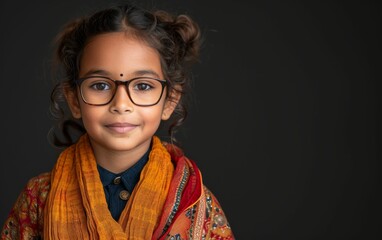 A young girl wearing glasses and an orange scarf is smiling. Concept of warmth and happiness, as the girl appears to be enjoying herself