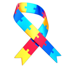 3D Ribbon Bow with Puzzle Piece for Autism Awareness Campaign, April Blue, Transparent Background