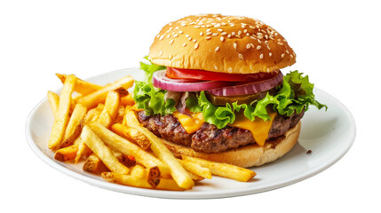 Classic Cheeseburger on a plate isolated on transparent png background. Generative ai