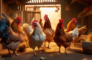 Chickens on the farm in the barn - obrazy, fototapety, plakaty