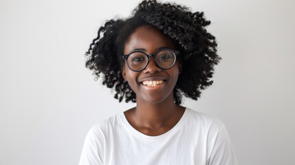young woman with curly hair and glasses is smiling directly at the camera against a plain white background.