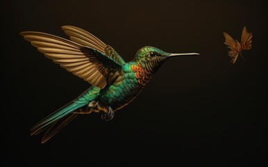 Fototapeta premium Hummingbird in flight hunting food black background